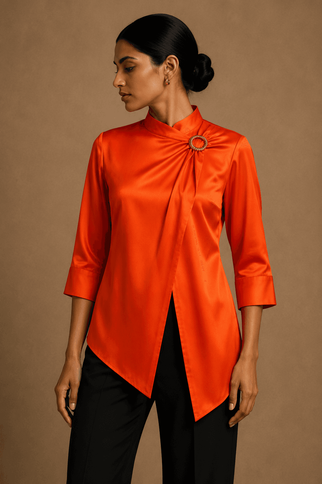 Model wearing a Reshaam pure silk blouse
